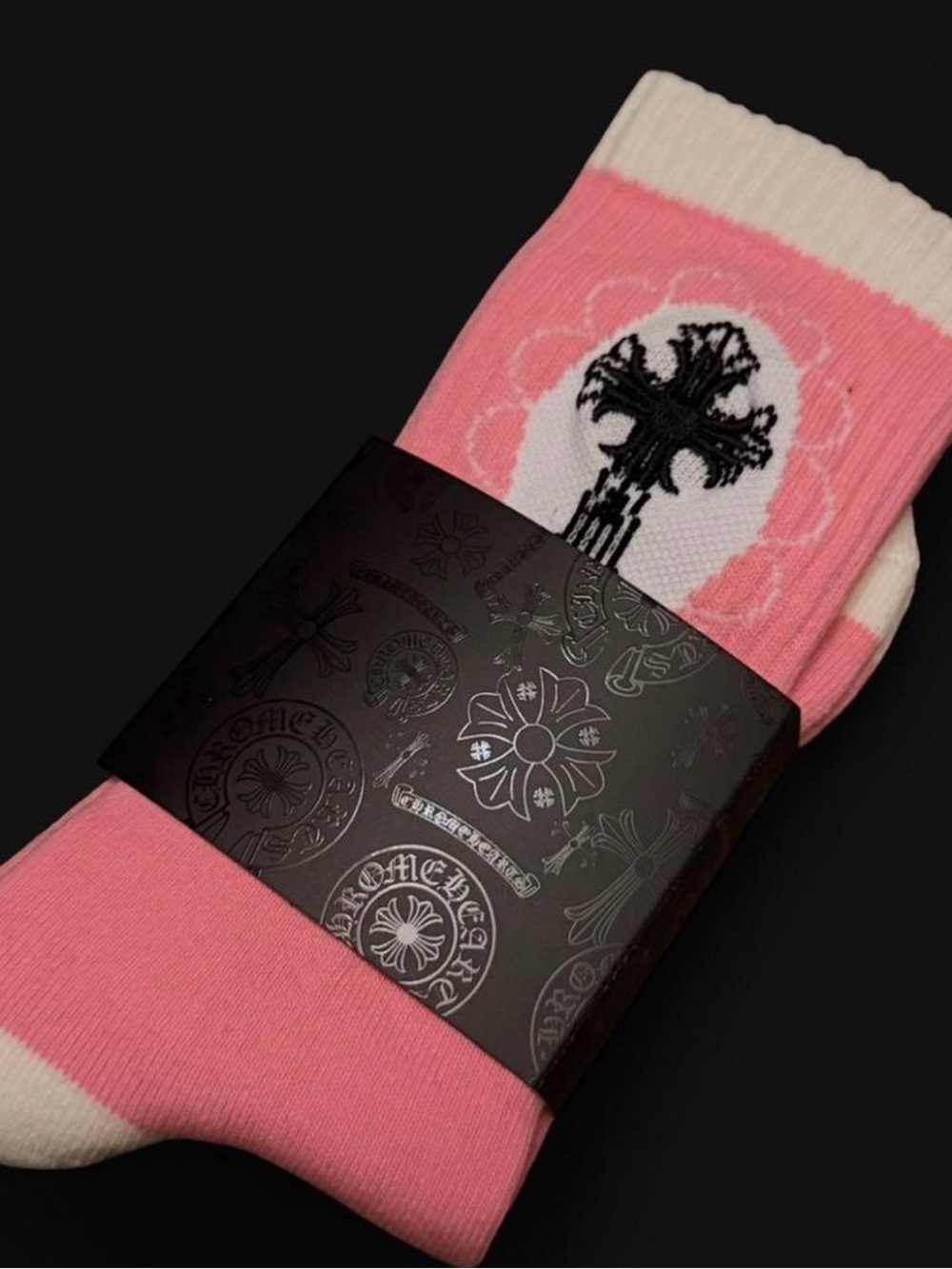 Chrome Hearts Pink and White Cross Crew Socks